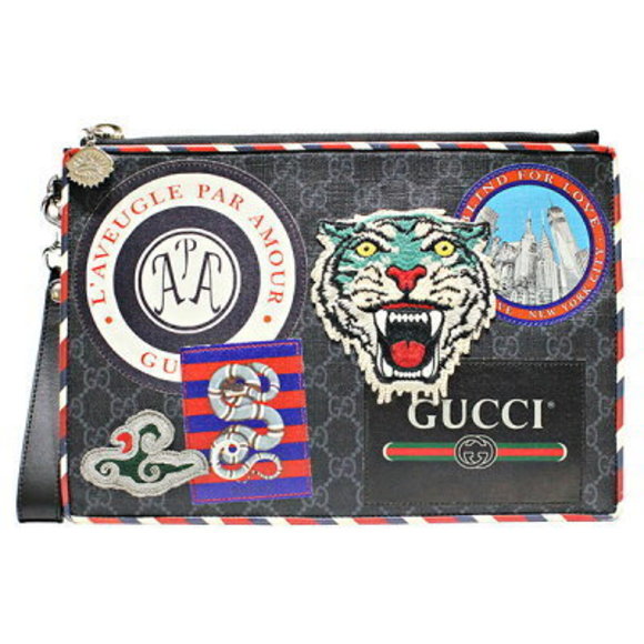 Gucci GG Supreme Night Courier Clutch Bag Black Leather Tiger Patch - Picture 1 of 4